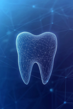 Digital Holographic representation of a healthy tooth with nerves and data connections.,3d renderingの素材