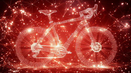 Glowing Red Network Connection Lines Forming Shape Modern Racing Bicycle, Technology Concept.の素材