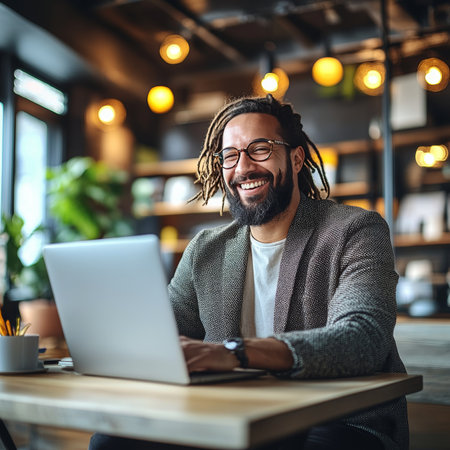 Smiling Young Professional Enjoying Success While Working Remotely on Laptop in Cozy Cafeの素材