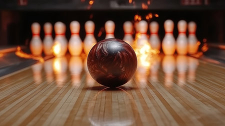 Bowling Ball on Lane with Pins and Dramatic Lighting, Capturing the Bowling Alley Atmosphere.の素材