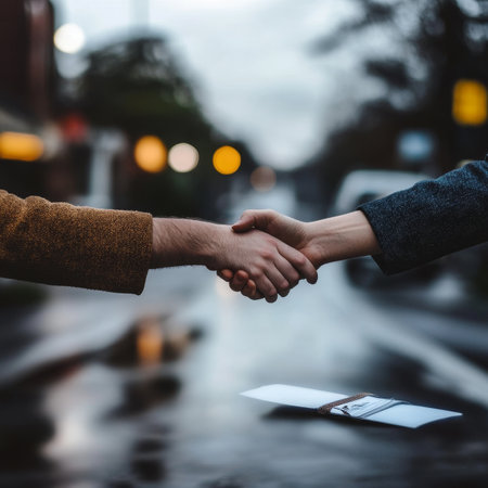 Two Businesspeople Shaking Hands Over Contract, Symbolizing Agreement, Partnership, And Trust.の素材