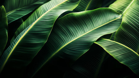 Tropical Green Leaves Background, Texture, Lush Foliage Closeup On Dark Background, Nature Concept.の素材