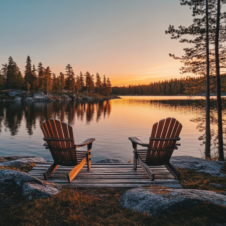 Two Wooden Chairs on a Dock Overlooking a Tranquil Lake at Sunset, Perfect Spot for Relaxationの素材