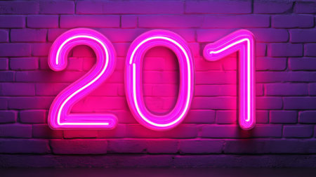 Pink Neon Number 201 On Brick Wall Represents A Birthday Concept, An Anniversary Or Back To School.の素材