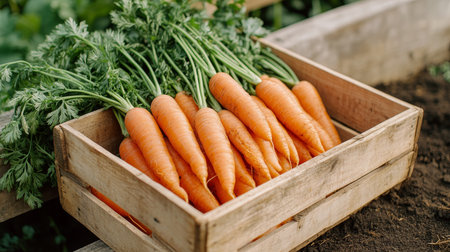 Freshly Harvested Carrots in Wooden Crate. Organic Vegetables from Local Farm, Harvest Time.の素材