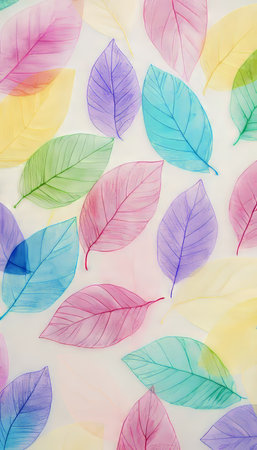 Colorful transparent skeleton leaves pattern on a white background, delicate nature art.の素材