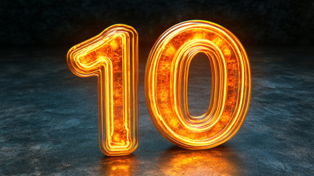 Glowing Orange Number Ten, Illuminated with Retro Light Bulbs, on a Dark Concrete Backdropの素材