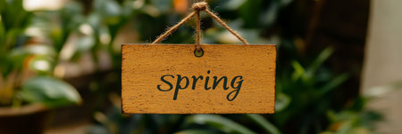 Wooden Sign With the Word Spring, Green Vines in Blur Background Symbol of The Beautiful Season,の素材