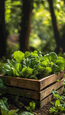 Fresh Green Lettuce Thriving in a Rustic Wooden Crate, Organic Gardening in the Forestの素材