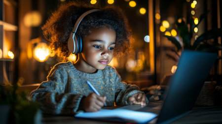 Focused Young Girl with Headphones Engaged in Online Learning at Night, Writing in Notebookの素材