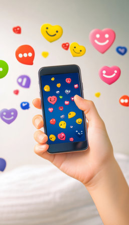 Person Holding Smartphone with Colorful Emojis, Hearts, and Speech Bubbles, Social Media Concept.の素材