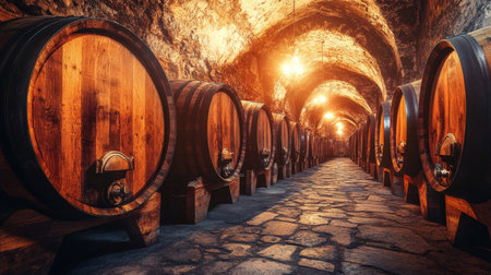 Wine Cellar with Oak Barrels, Aging Wine. Cellar Temperature, Winemaking, Viticulture.の素材