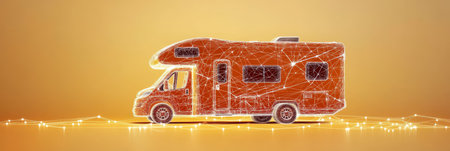Orange Travel Trailer or Camper Van Low Poly Design, Ideal for Camping and Road Trip Photography.の素材