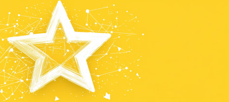 Glowing Network Star on Yellow Background, Festive Backdrop for Marketing or Award Ceremony.の素材