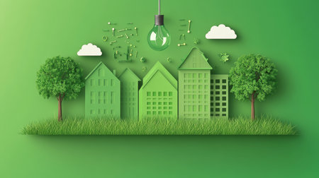 Green Cityscape with Connected Homes, Representing Sustainability and Smart Urban Technology.の素材