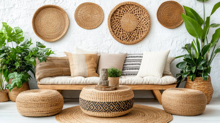 Bohemian Living Room Interior With Rattan Furniture, Macrame Wall Decor And Indoor Green Plantsの素材
