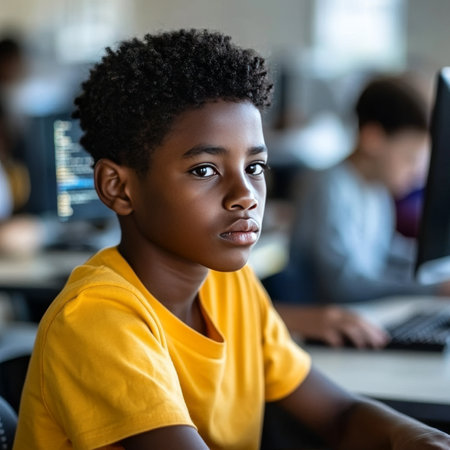 Focused Student Concentrates Deeply During Computer Lab Session, Exploring Educational Technologyの素材