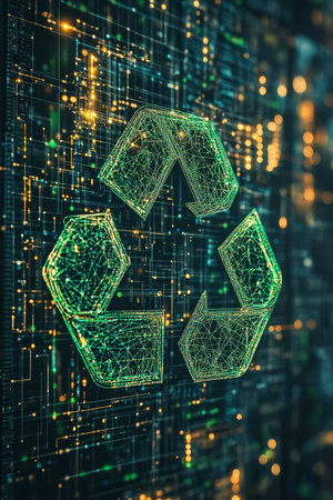 Green Recycling Symbol Glowing on Technology Circuit Board, Environmental Technology Concept.の素材