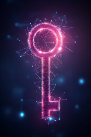 Glowing Polygonal Key On Dark Blue Background, Cybersecurity, Data Protection Concept.の素材