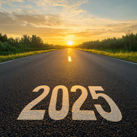 Road to the Future Asphalt Highway Leading to the Setting Sun with 2025 Painted on itの素材