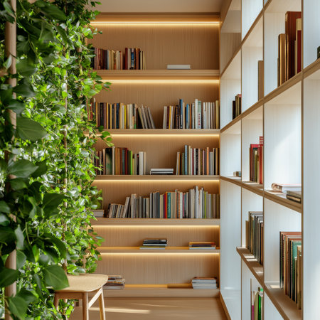 Modern Home Library Interior With Floor To Ceiling Bookshelves And Green Wall. Cozy Reading Room.の素材