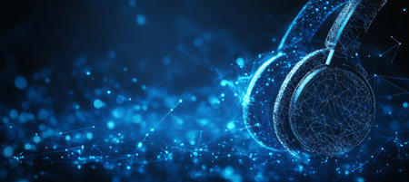 Abstract Blue Headphone with Glowing Lights, Representing the Digital Age of Music and Technologyの素材