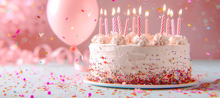 Festive Birthday Cake with Lit Candles, Balloons, and Colorful Confetti on a Pink Backgroundの素材
