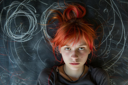 Young Woman With Doubtful Expression, Contemplative Portrait Against Abstract Backgroundの素材