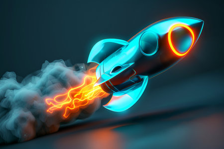 Neon Rocket Launching Upward Through Smoke, Symbolizing Startup Success, Innovation, and Speed.の素材