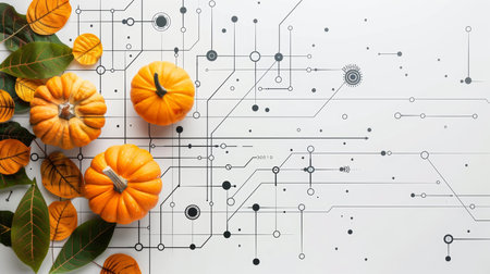 Autumn Harvest Meets Technology. Three Pumpkins On Circuit Board Pattern, Blending Nature And Tech,の素材