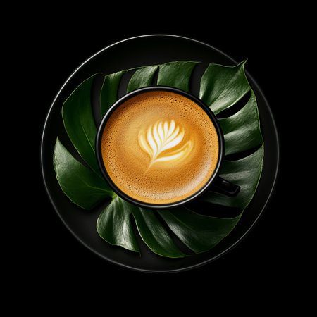 Top View of Latte Art Coffee in Black Cup on Tropical Monstera Leaf, Black Backgroundの素材