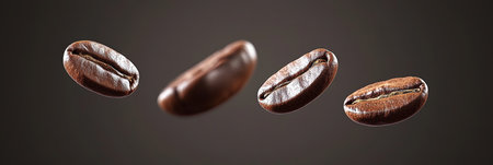 Four Roasted Coffee Beans Floating On A Dark Grey Background, Perfect For Coffee Advertisingの素材