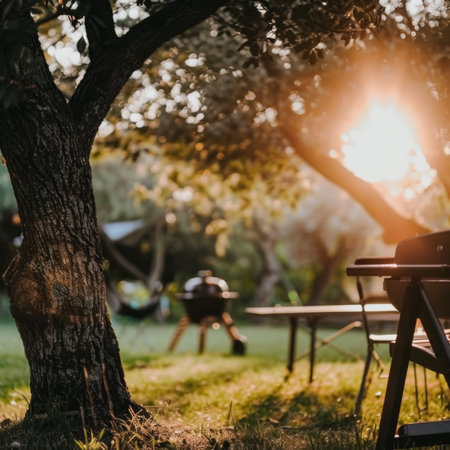 Golden Hour Backyard Barbecue Atmospheric Dining Table Set for a Summertime Celebrationの素材