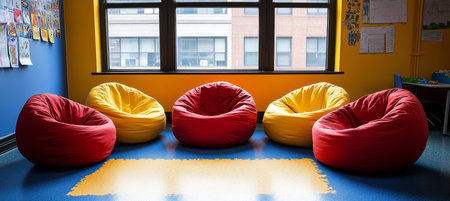 Bright and Colorful Childs Playroom with Red and Yellow Bean bag Chairs, Perfect for Playの素材