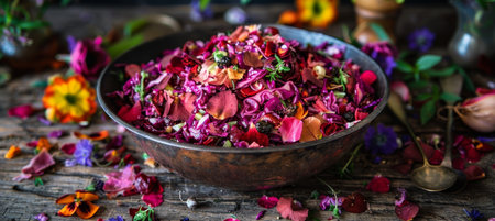 Autumnal Salad with Edible Flowers in a Rustic Bowl, culinary photography, Colorful and Vibrantの素材