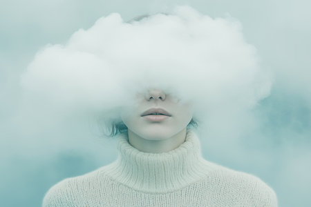 Woman With Dreamy Expression, Head in Cloud, Symbolizing Daydreaming, Tranquility, and Hopeの素材