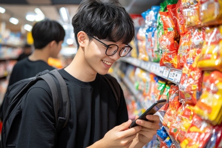 Young Asian man using smartphone while shopping in the snacks aisle of a busy supermarket.の素材