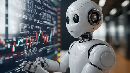 AI Trading Robot Analyzes Forex Charts, Artificial Intelligence In Financial Markets, 3D Render.の素材