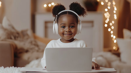 Smiling young student engaged in online learning at home, wearing headphones, using laptop computer.の素材