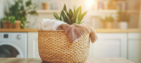 Laundry basket full of clean towels and plant on table in sunlit bathroom, domestic chores conceptの素材