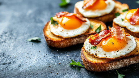 Close Up Of Toasts With Fried Egg, Crispy Bacon And Parsley On Black Background, 97 Charactersの素材