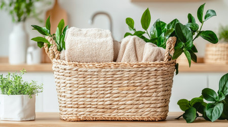 Beige towels in a wicker basket, houseplants on a wooden table. Eco-friendly lifestyle.の素材