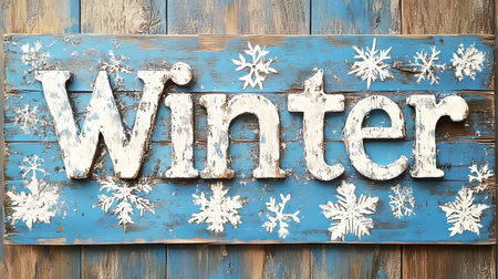 Rustic Winter Sign With Snowflakes On Distressed Blue Wooden Background, Winter Holidays Conceptの素材