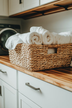 Folded White Towels in a Wicker Basket on a Wooden Countertop, Modern Laundry Room Interiorの素材