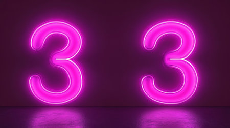 Number 33, Pink Neon Sign on Purple Background. Three-Dimensional Character 33, 3d Render.の素材