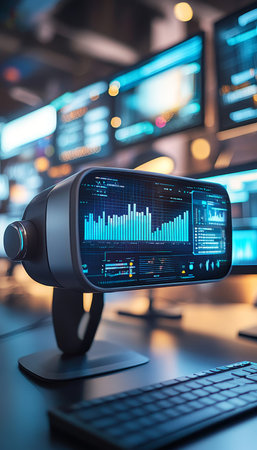 Virtual Reality Headset Displaying Stock Market Data in Modern Monitoring Room, Technology Concept.の素材