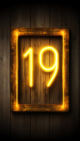 Number Nineteen, Luminous Yellow Neon Sign Glowing on Rustic Wooden Wall, Celebration Conceptの素材