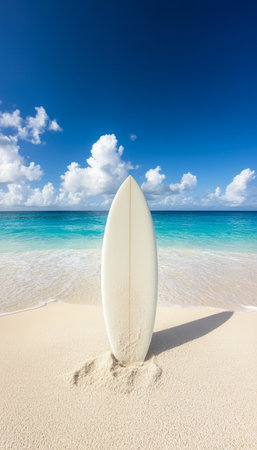 White Surfboard Standing Upright on a Tropical Beach with Turquoise Water and Blue Skyの素材