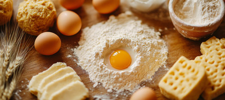 Baking Ingredients Mound of Flour with an Egg, Wheat, Dough, and Cookies on a Wooden Tableの素材