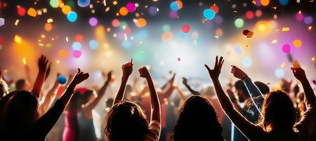 Crowd Cheering with Confetti at a Music Concert, Nightlife Entertainment and Festival Conceptの素材